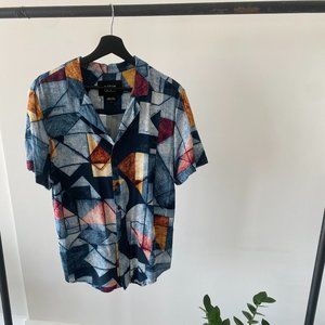 Blue Abstract Block Print Button Up Shirt